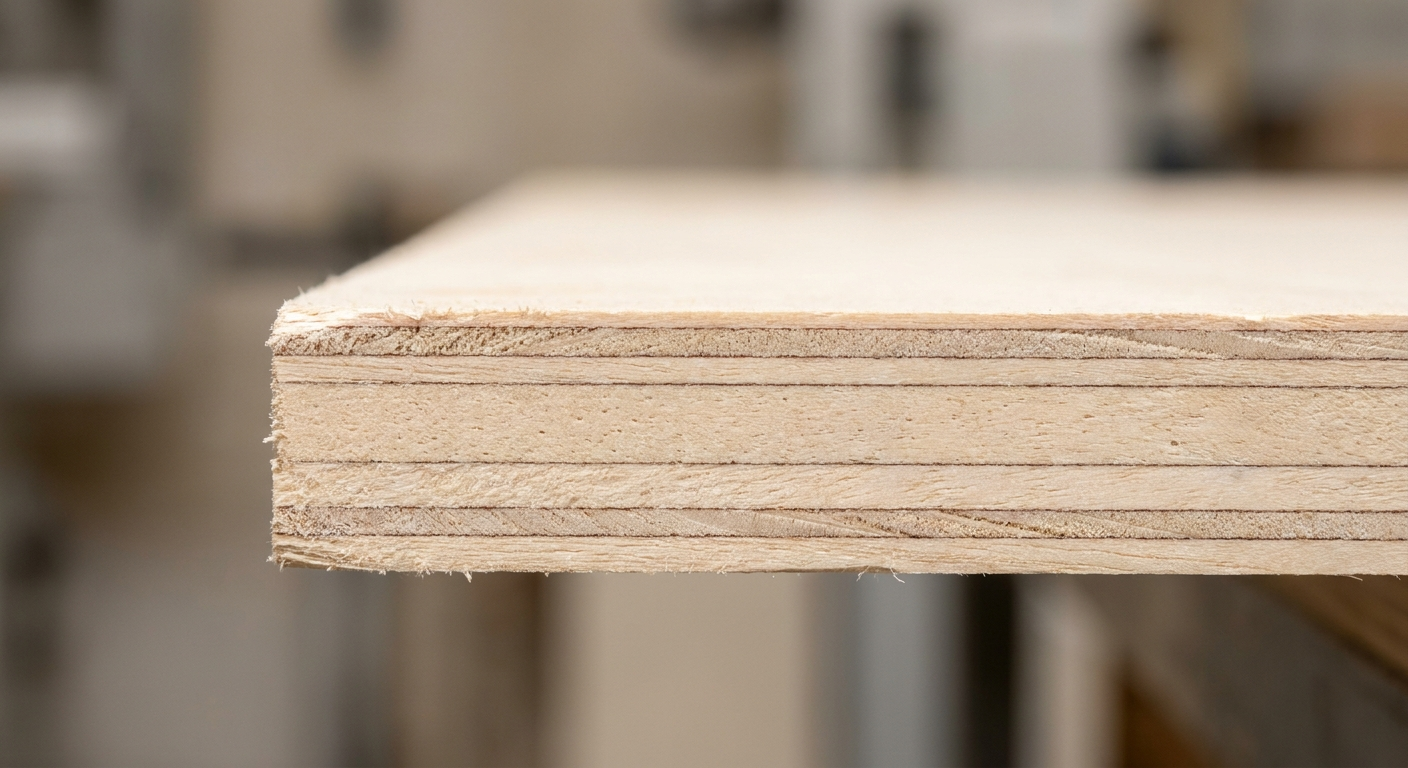 Macro close-up of the cut edge of a pale full-white styrax-core plywood panel, showing clean matte cream-coloured cross-laminated veneer plies with fine glue lines.
