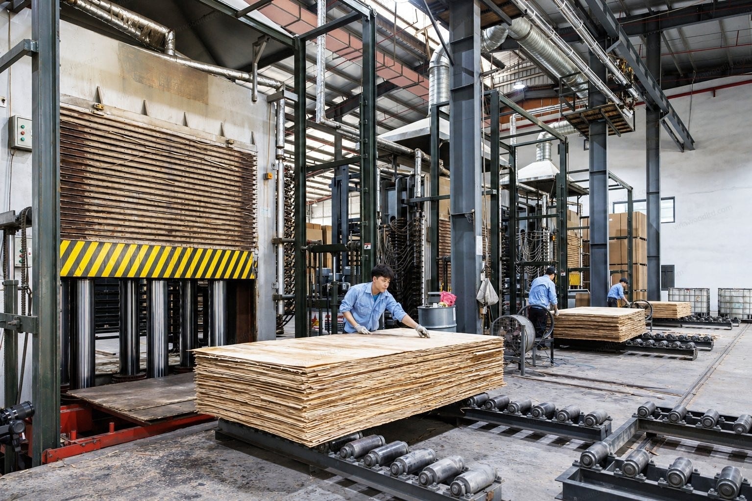 Hot-press line laminating plywood sheets in a Vietnam mill