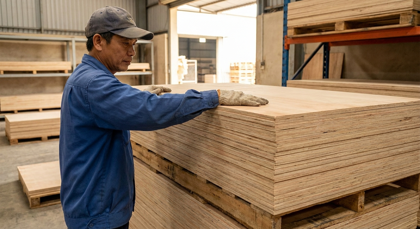 Warehouse worker inspecting bundles of natural-core Vietnamese plantation-hardwood plywood on pallets