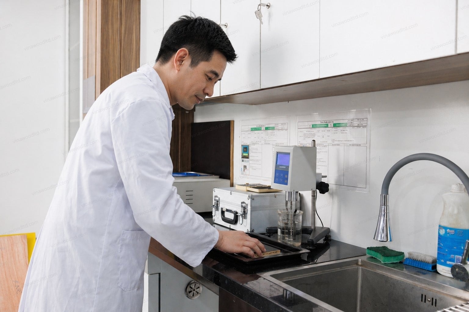 Technician in a quality-control laboratory testing plywood samples