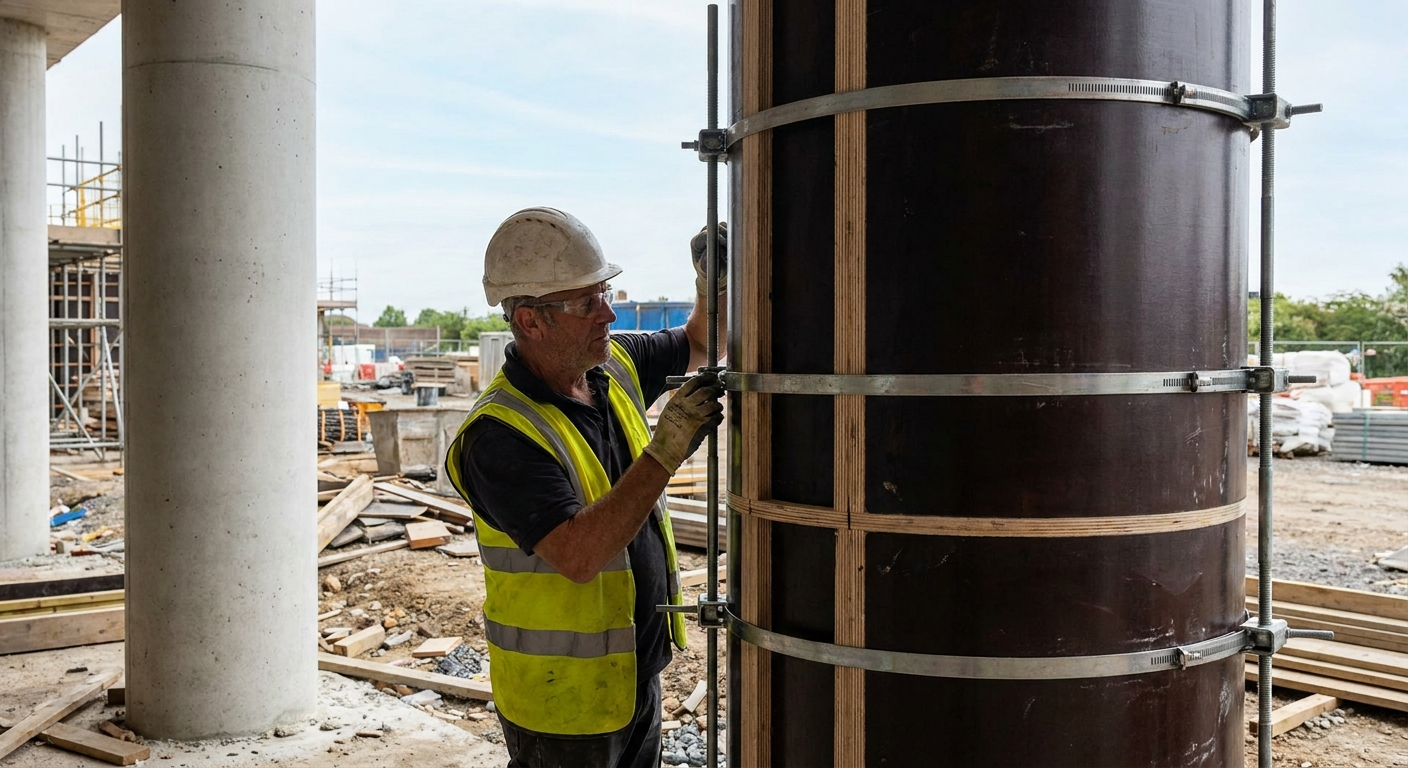 Coffrage de poteau rond en contreplaqué filmé maintenu par colliers acier, à côté d'un poteau béton décoffré, sur chantier