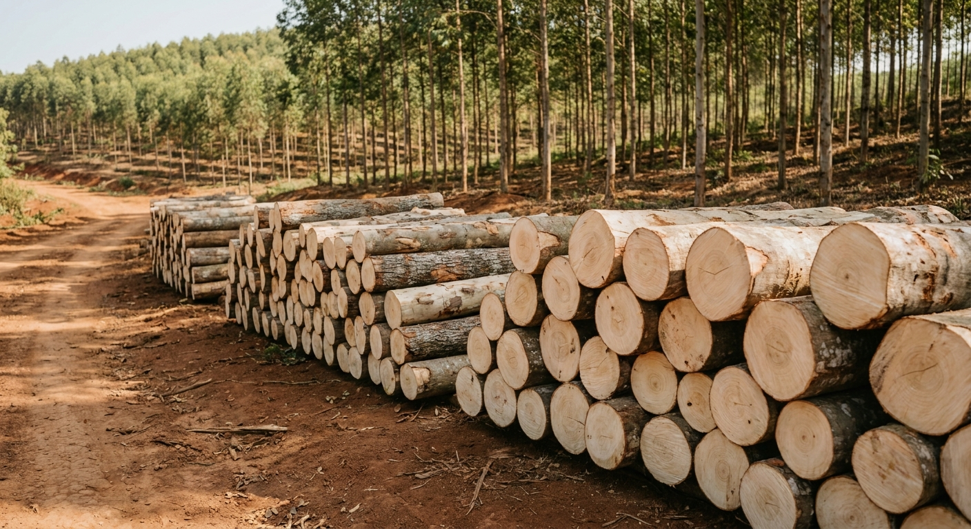 Stacked freshly harvested small-diameter plantation acacia logs at a smallholder roadside log landing in central Vietnam, with a managed plantation behind.