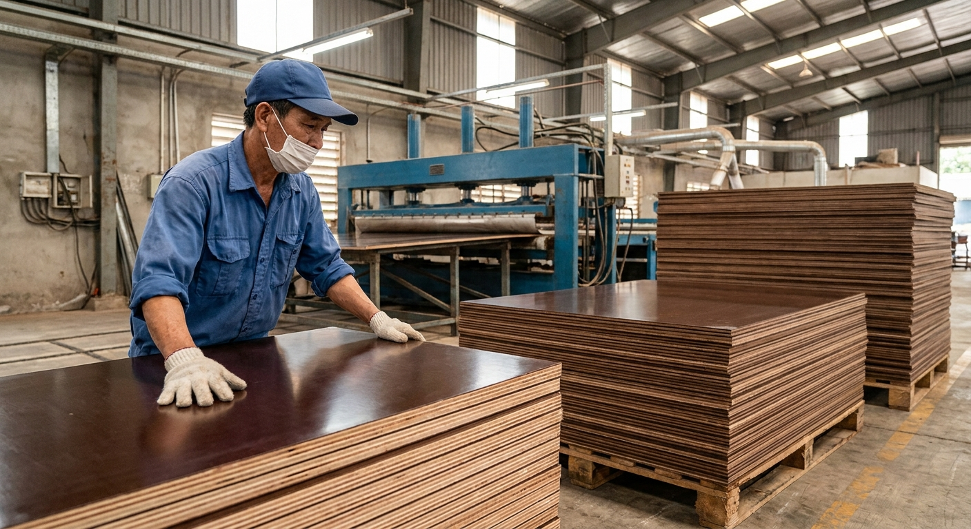 Vietnamese factory worker handling film-faced concrete form plywood on Vinawood's film-facing line.