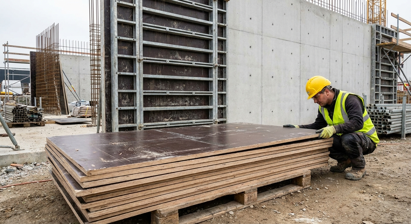 Construction worker inspecting a stack of Vinawood film-faced concrete form plywood at a wall-formwork jobsite.