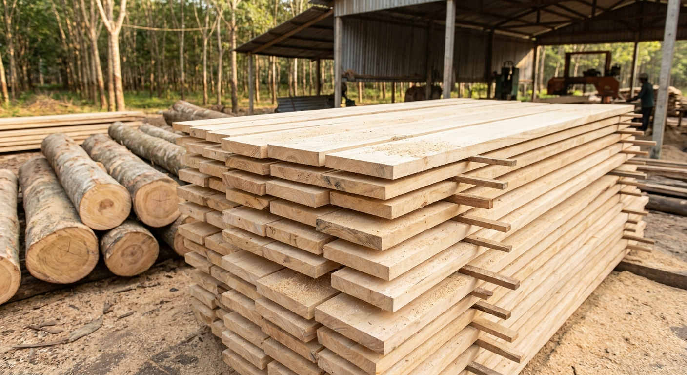 Freshly sawn pale rubberwood timber air-drying on spacer sticks in a Vietnamese mill yard, with pale rubberwood logs alongside