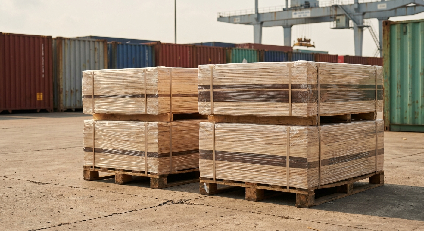 Stretch-wrapped plywood bundles on wooden pallets staged at a Vietnamese container port for export, with stacked shipping containers and a gantry crane behind