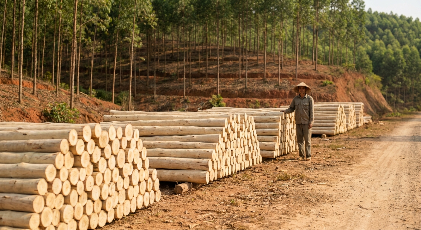 Roadside log landing with stacked small-diameter plantation acacia logs and a plantation hillside behind, showing smallholder harvest collection in Vietnam