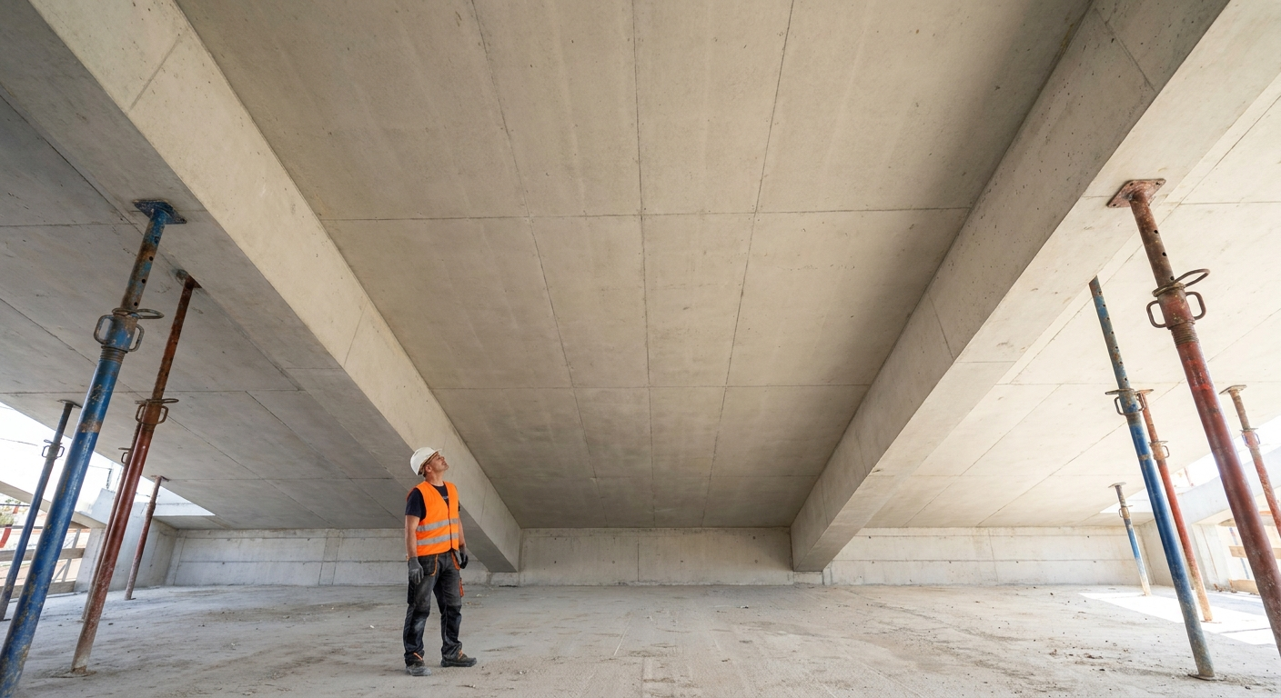 Rozdeskowany spód belki i stropu z gładkiego betonu licowego, podpory montażowe na budowie
