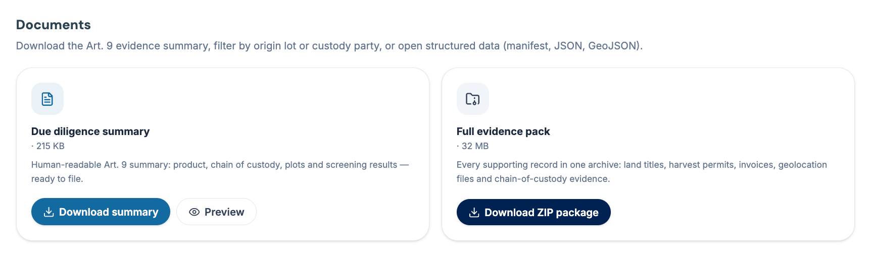 Due diligence summary and full evidence pack downloads.