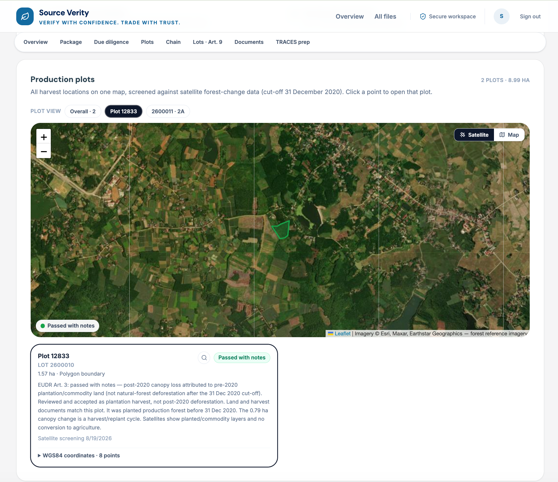 Source Verity production plots with WGS84 GeoJSON and satellite screening.
