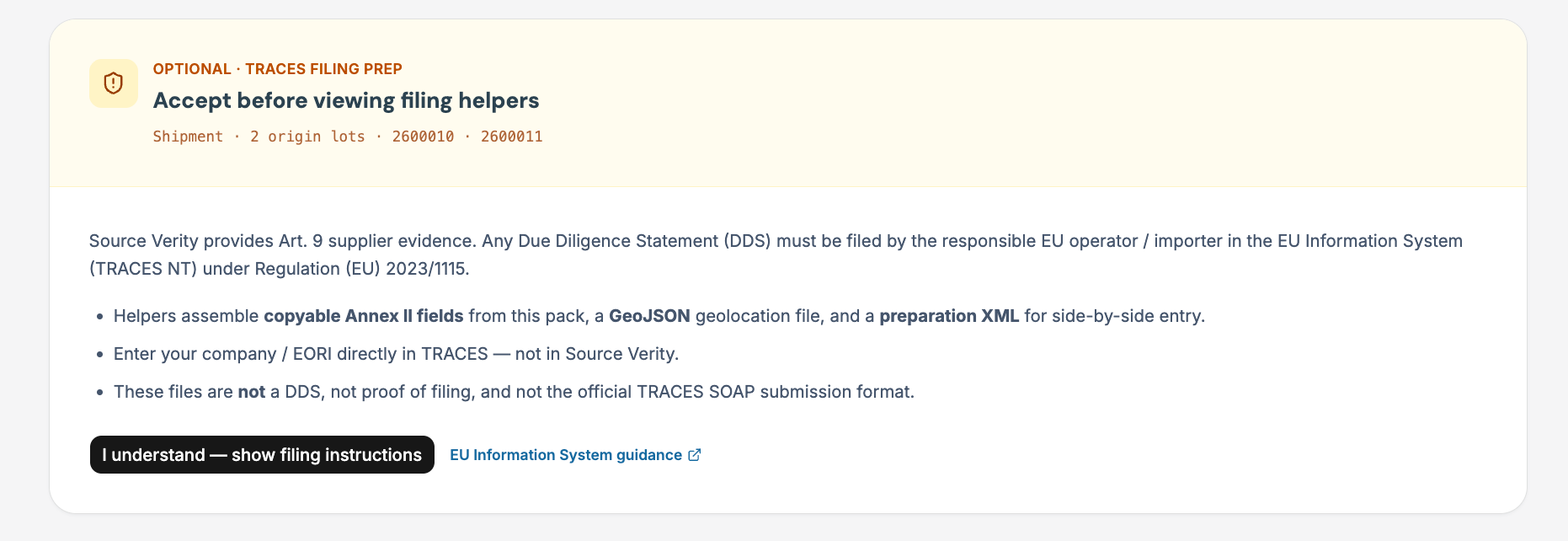 TRACES filing prep disclaimer. Operator files the DDS.