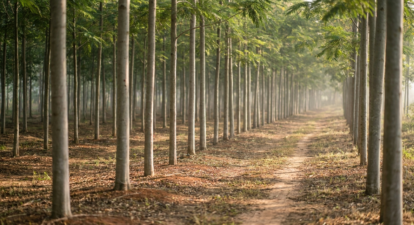 A managed smallholder acacia plantation in Vietnam with slender trees planted in orderly rows on red-earth ground
