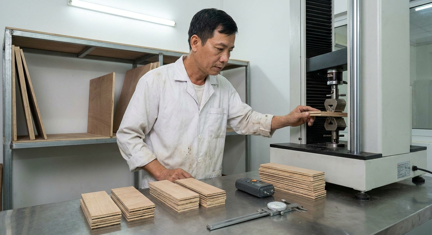 A technician in a plywood mill's in-house QC laboratory bond-testing small plywood coupons on a bench-top testing machine.