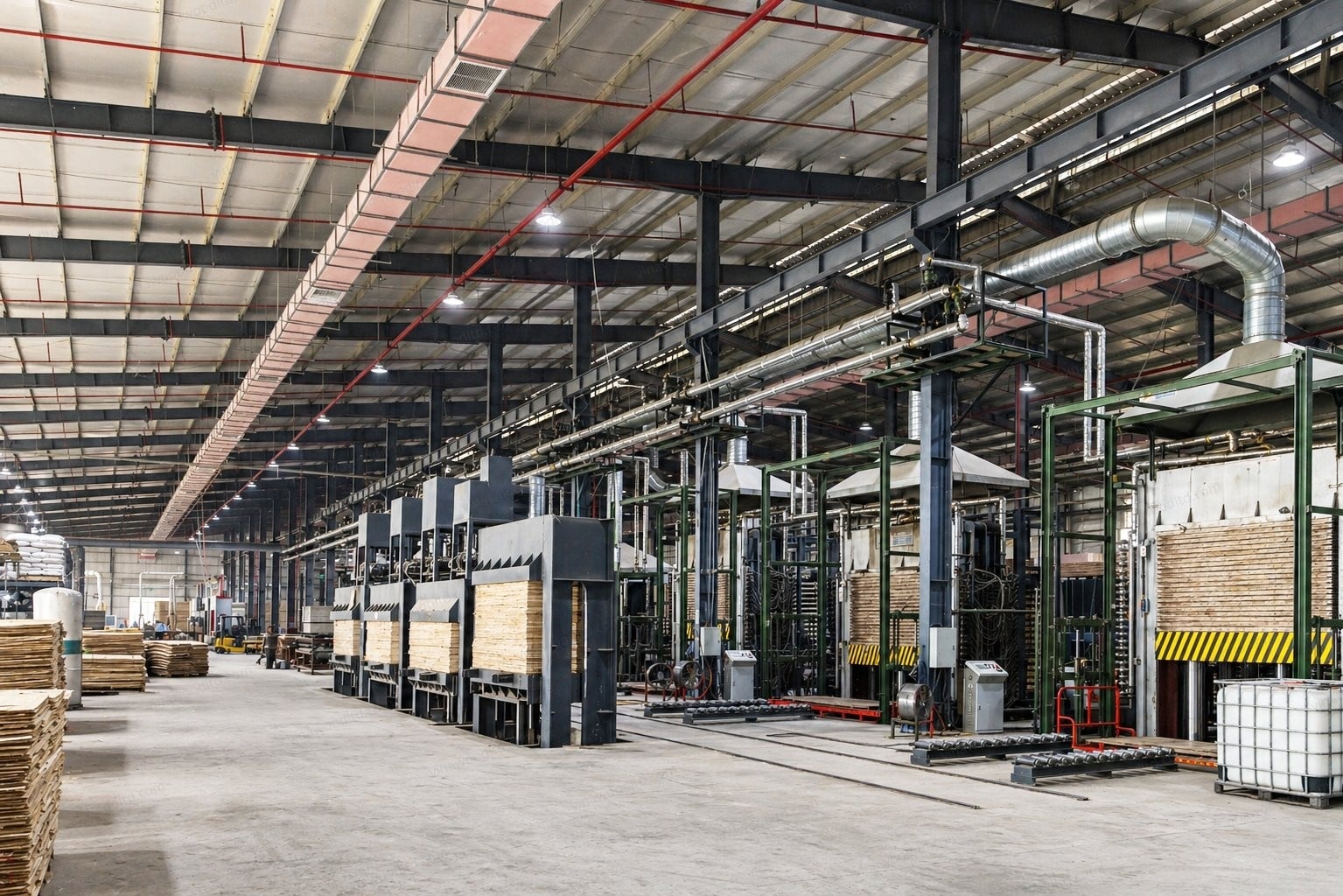 Plywood hot press and cold press layout on a Vietnam mill floor