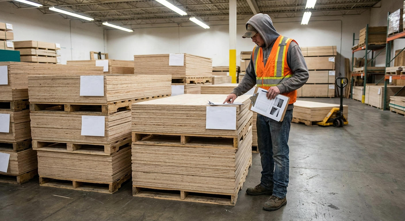 Warehouse worker checking plywood shipment paperwork against stacked panels