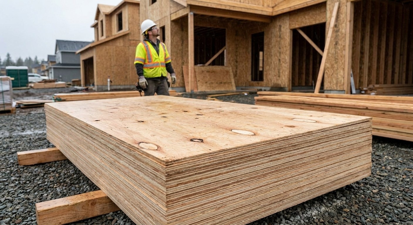 Bundle of unsanded sheathing plywood on a residential building site with a framed house behind