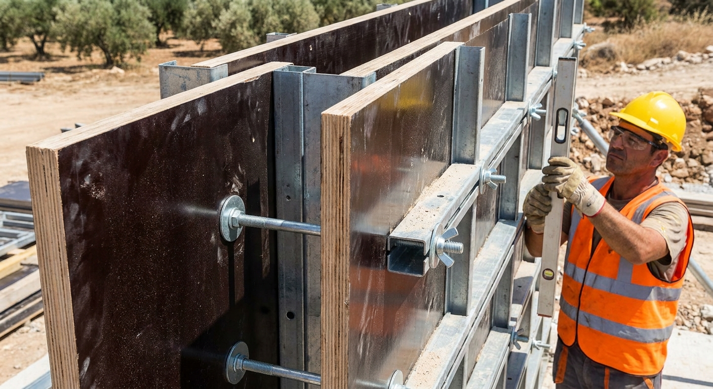 Cassaforma per pareti: due pannellate filmate parallele unite da tiranti passanti, cantiere