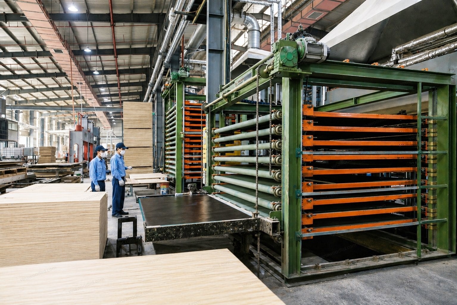 Film press operation on plywood sheets at a Vietnam factory