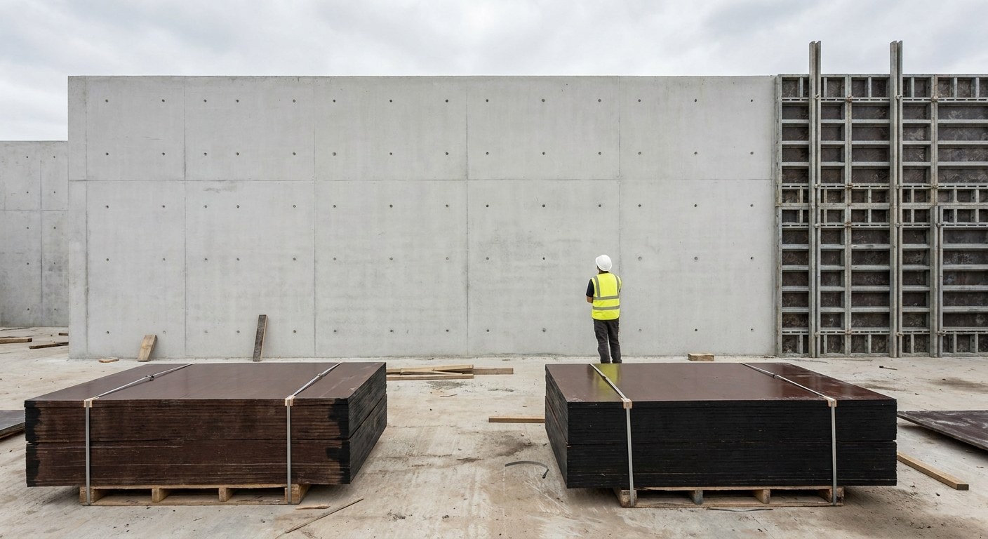 Smooth light grey fair-faced concrete wall with tie-hole grid beside banded film-faced plywood bundles