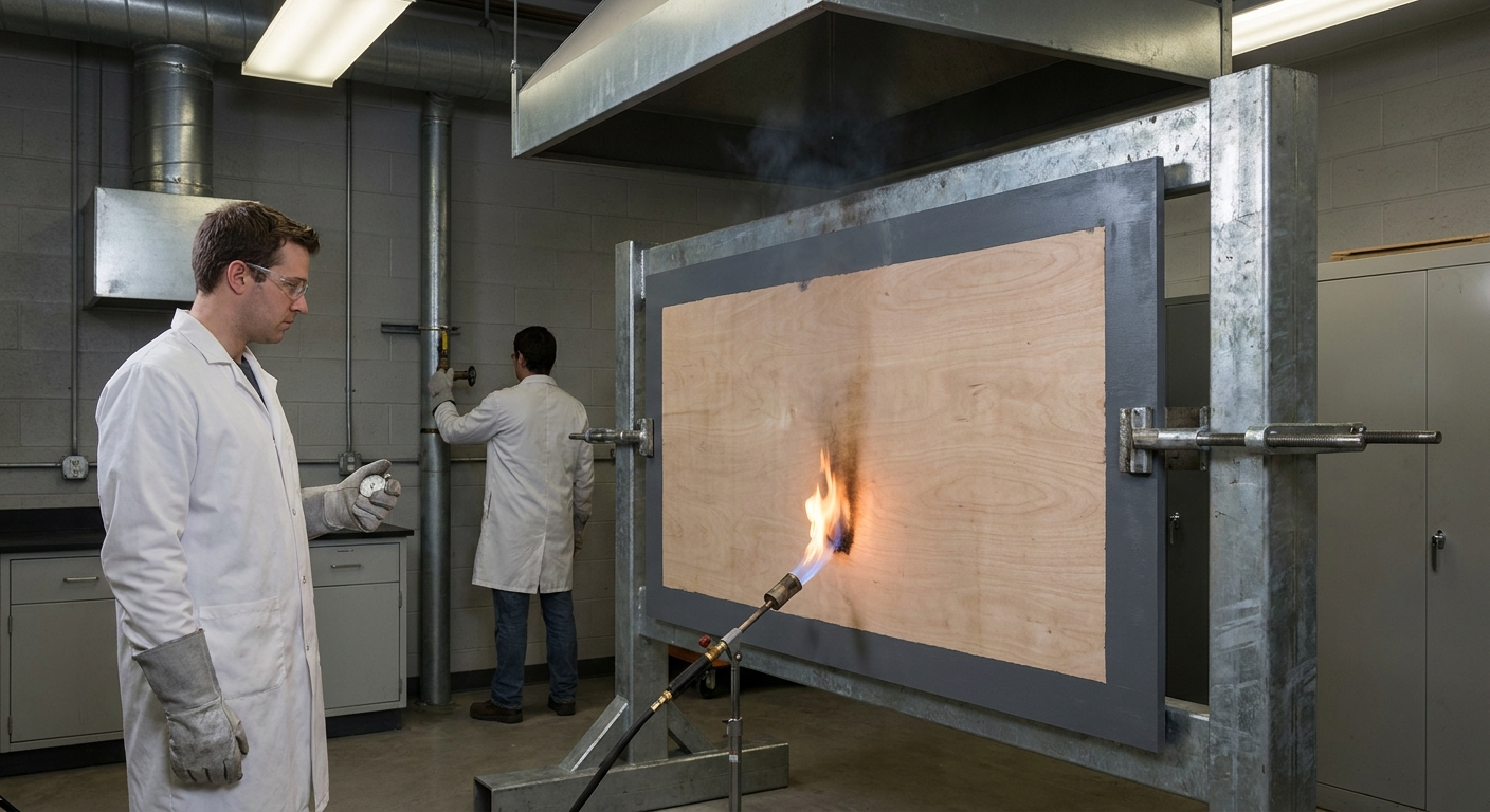 Lab technician timing a gas burner flame against an upright plywood sheet in a fire testing laboratory