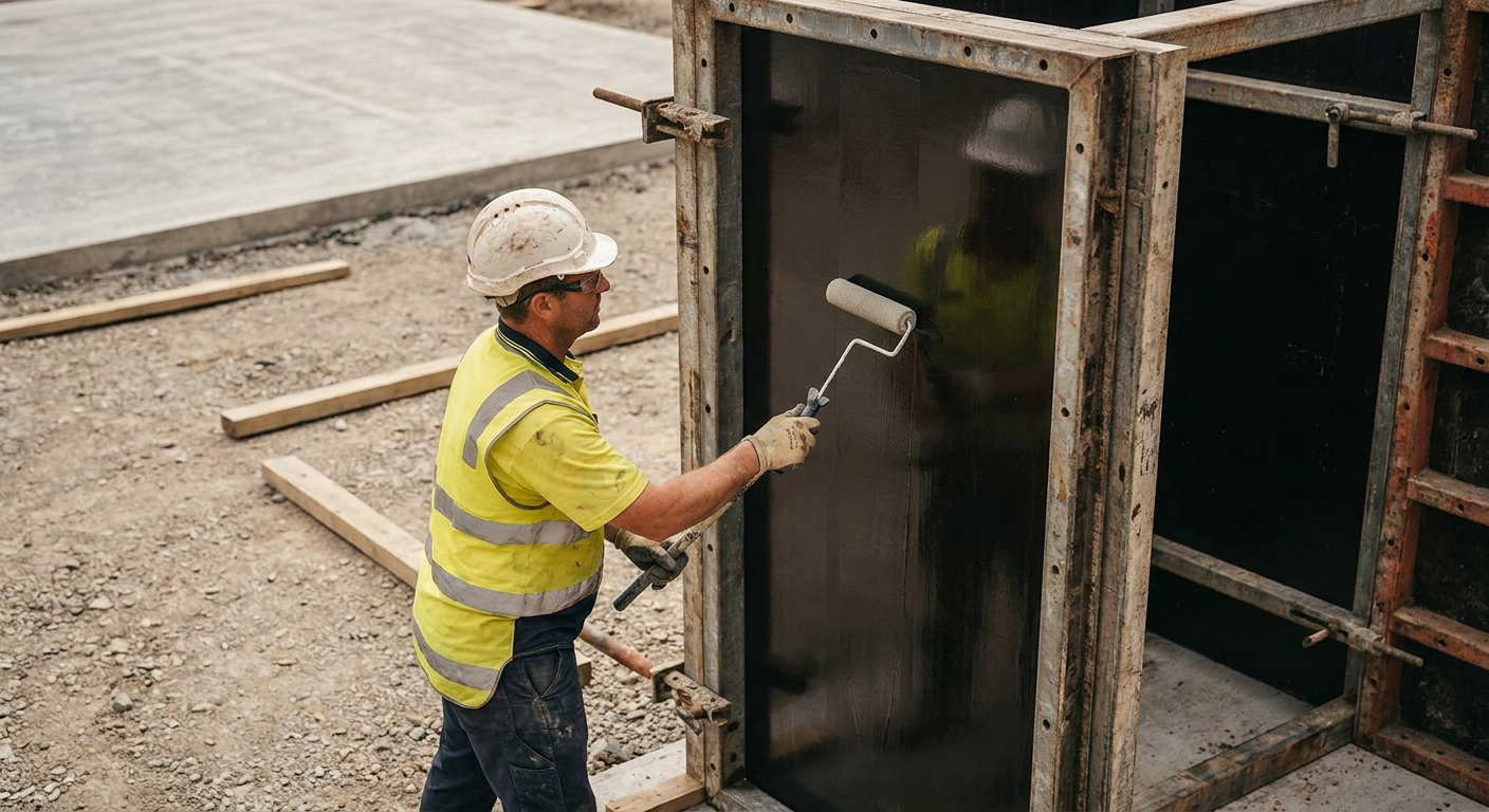 Construction worker rolling a thin coat of release agent onto a film-faced plywood form panel