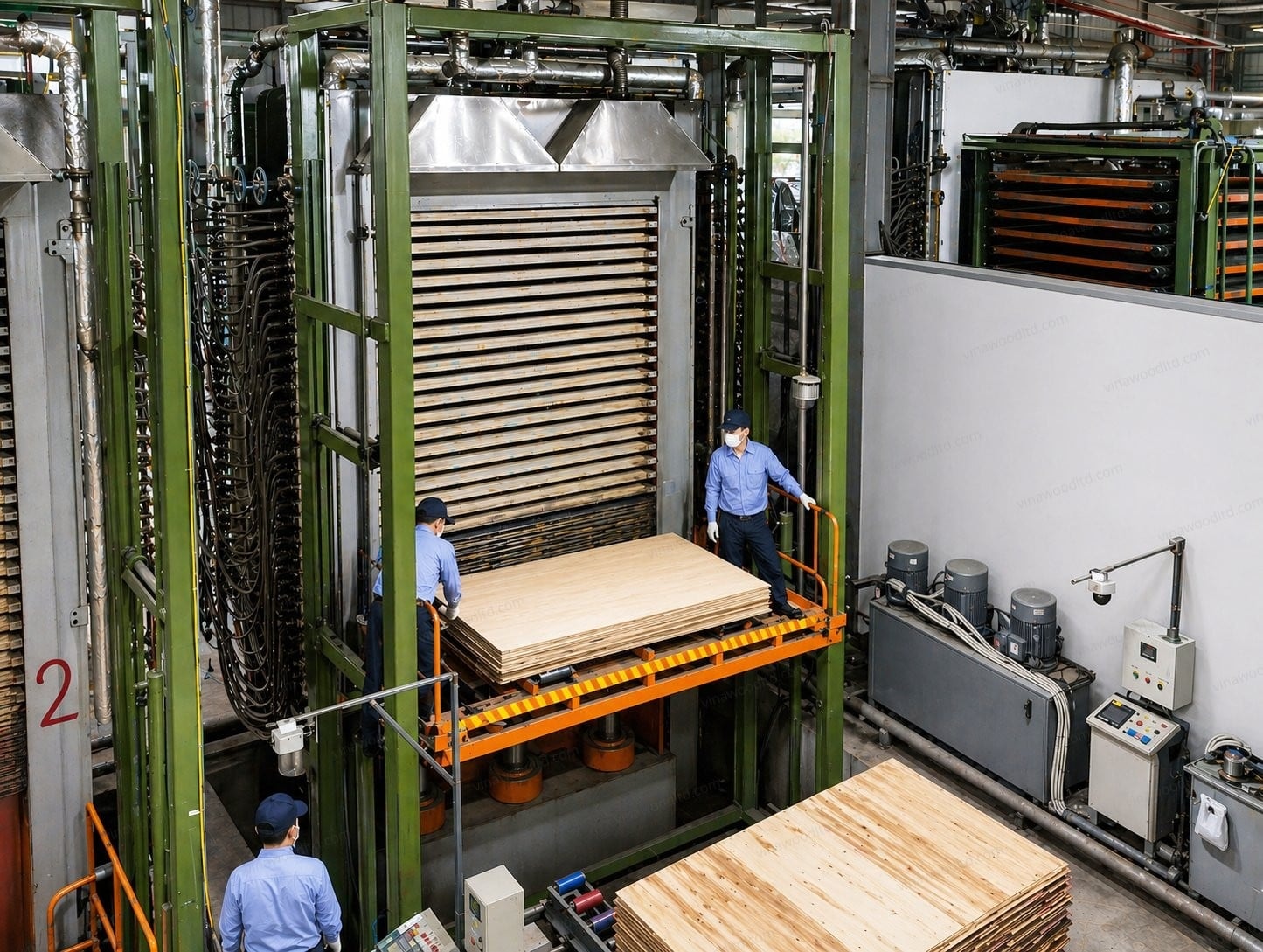 Workers operating a hot press line curing formwork plywood panels in a Vietnam mill