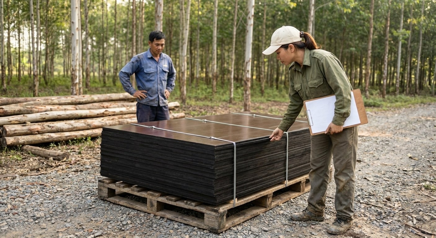 Plywood bundles on a plantation loading yard beside an auditor holding a clipboard, with eucalyptus rows behind