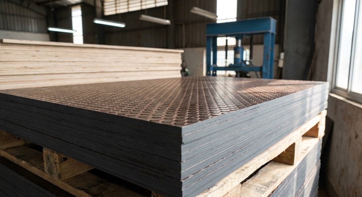 Stack of film-faced plywood with a raised hexagonal anti-slip face on a factory pallet