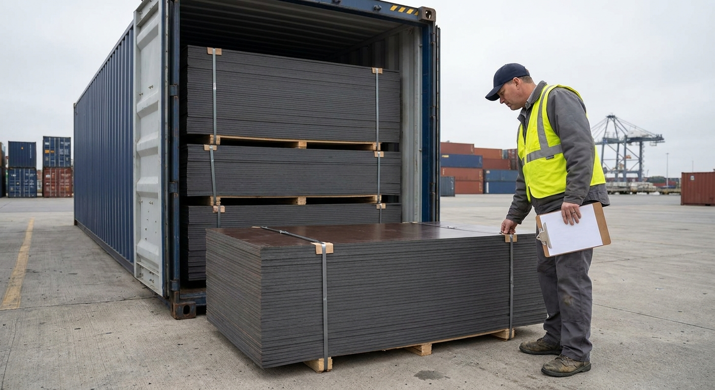 Import inspector with a clipboard checking a steel-banded plywood bundle beside an open container at a US port