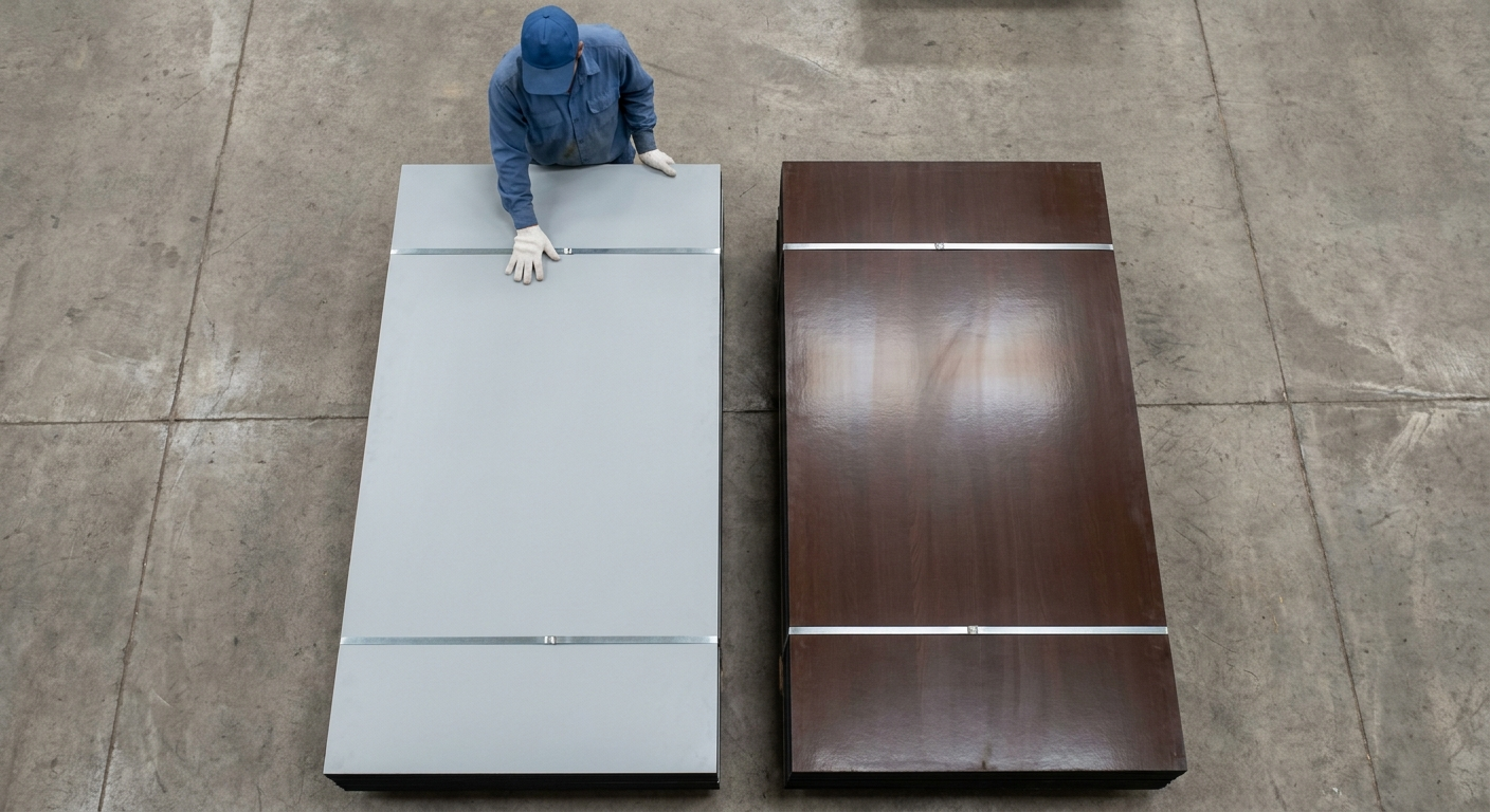 Overhead view of a pale grey melamine-faced plywood sheet beside a dark brown phenolic film-faced sheet on a factory floor