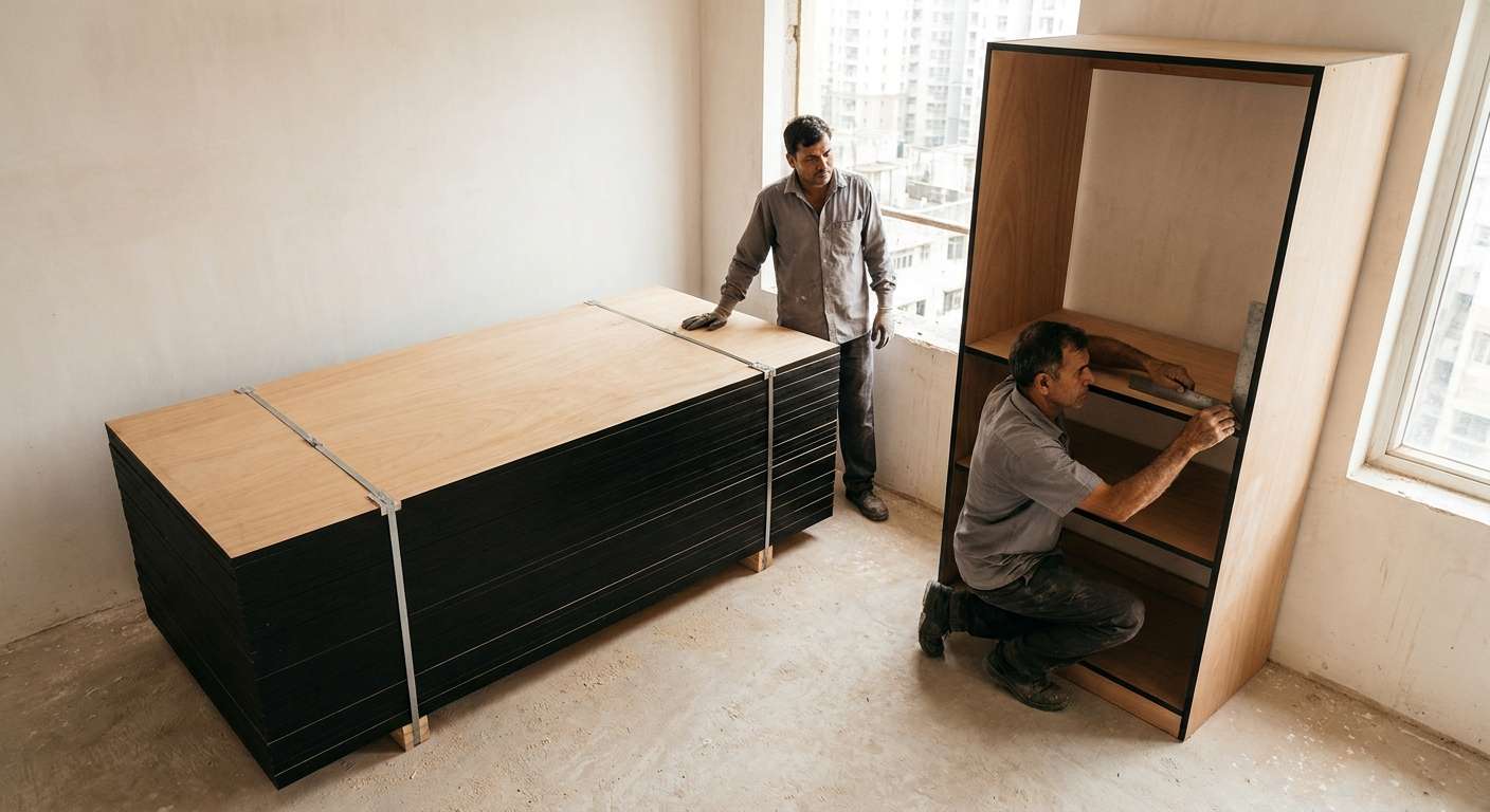 Carpenters building a wardrobe carcass beside a steel-banded stack of plywood in an apartment fit-out