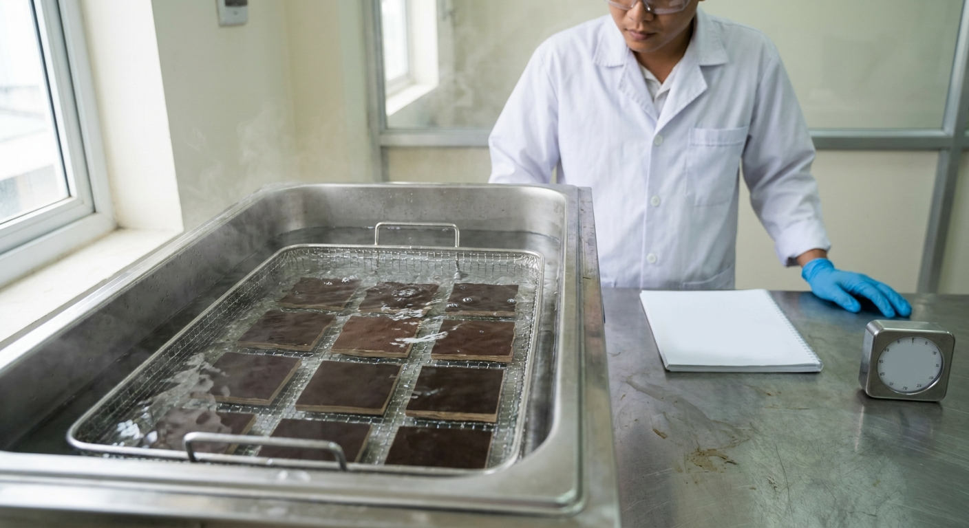 Lab technician watching plywood test specimens in a boiling water bath during a bond test