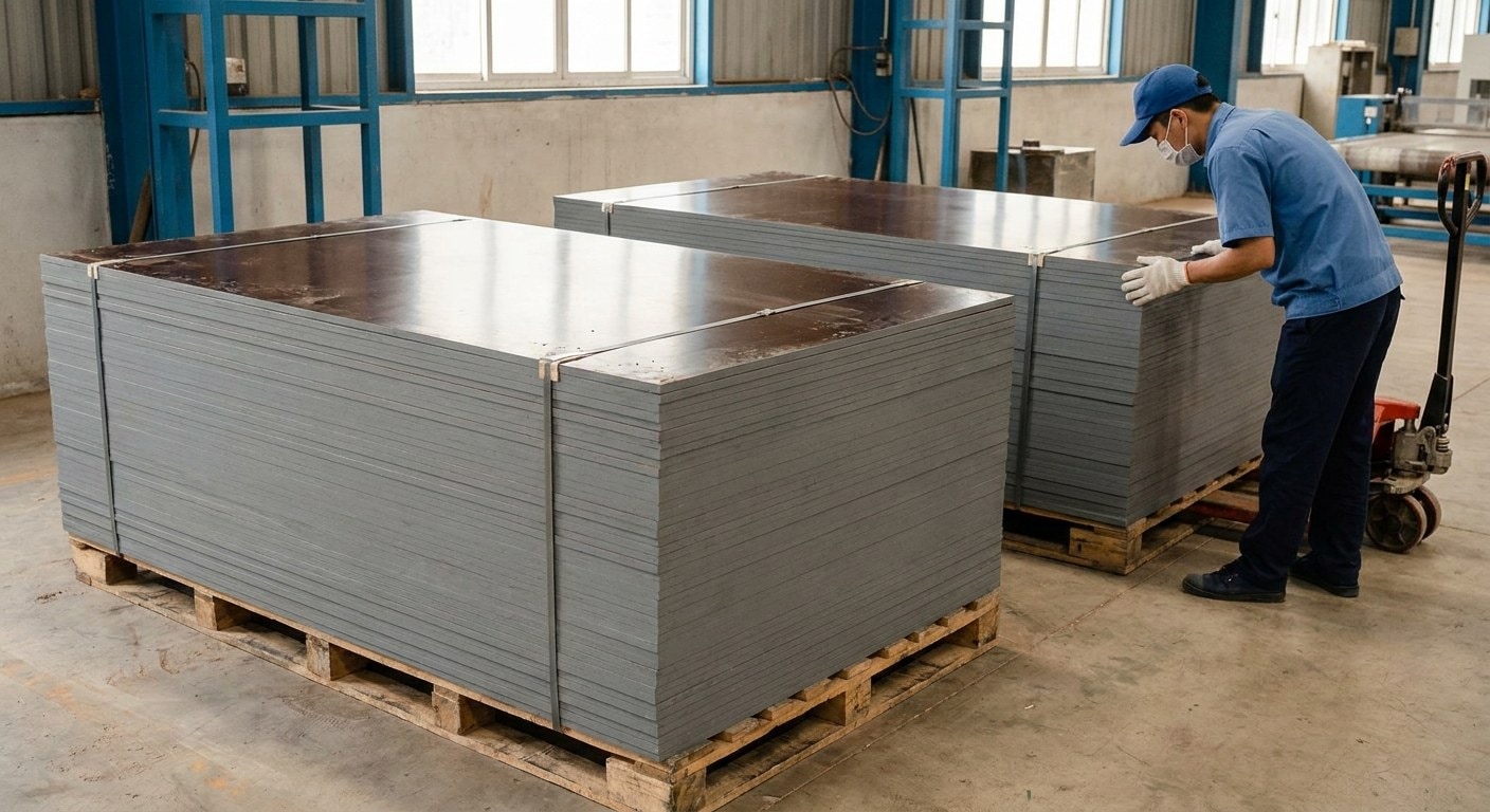 Factory worker inspecting grey sealed edges on stacks of film-faced formwork plywood