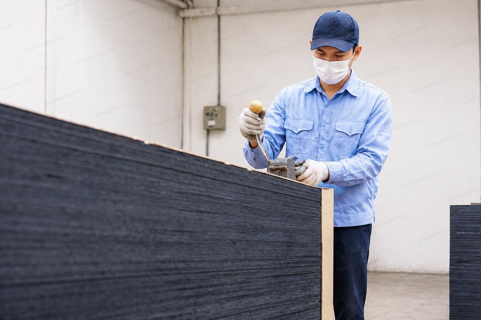 Warehouse worker reviewing plywood shipment paperwork beside sanded panel stacks