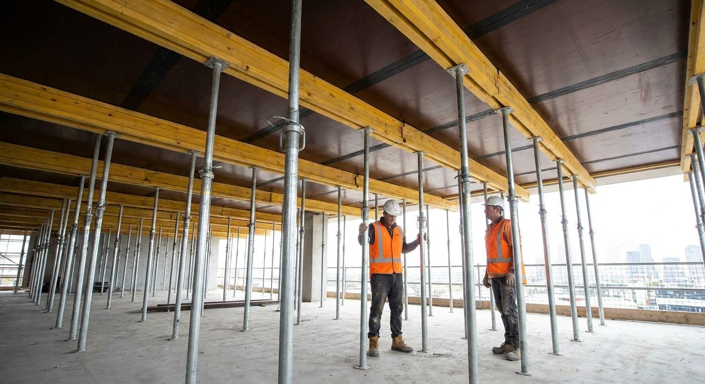 Underside of a slab formwork deck with film-faced plywood soffit, timber beams and steel props on a building site