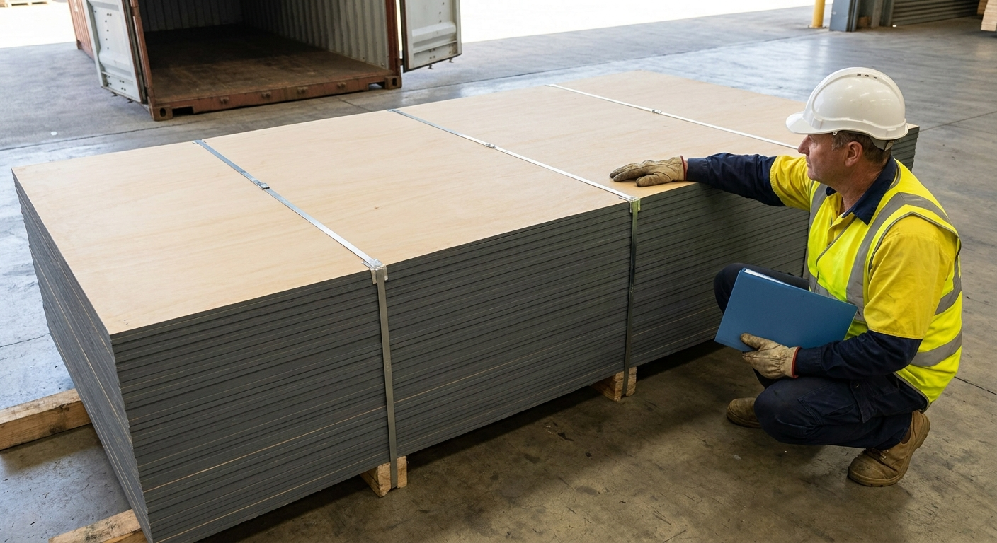 Inspector checking a steel-banded bundle of sanded structural plywood in an import warehouse