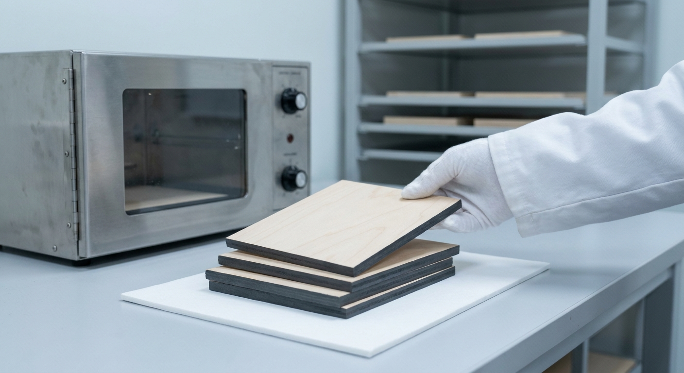 Lab technician placing a thin plywood sample coupon beside a benchtop emission test chamber