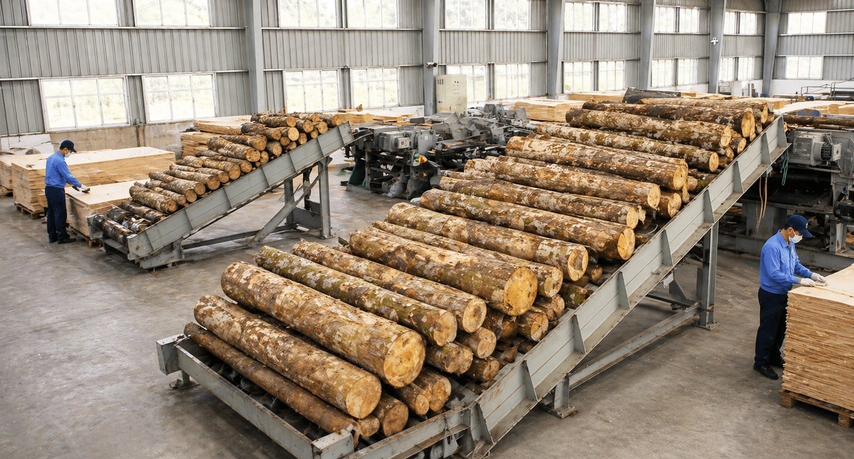 Selezione e sbucciatura dei tronchi — Vinawood production process
