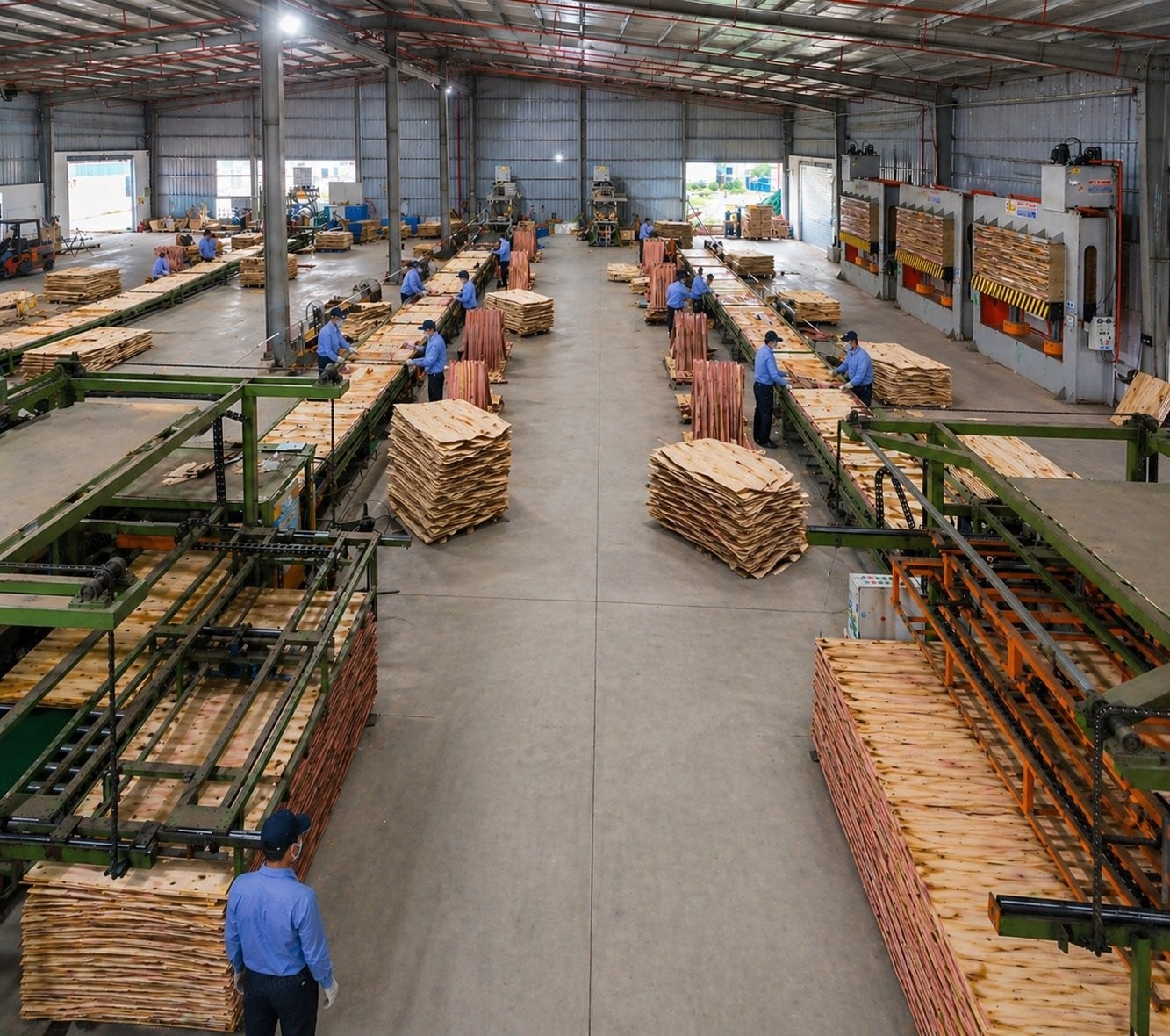 Forklift loading strapped plywood bundles into a shipping container
