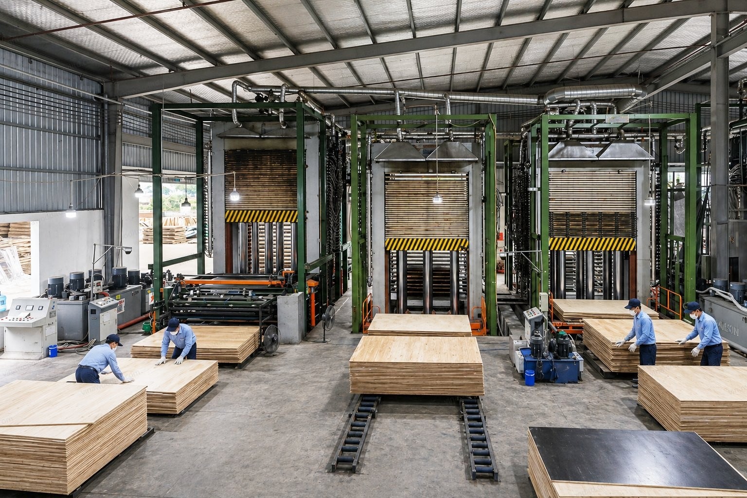 Multi-daylight hot press bonding film-faced plywood veneers under heat and pressure at Vinawood's factory in Vietnam.